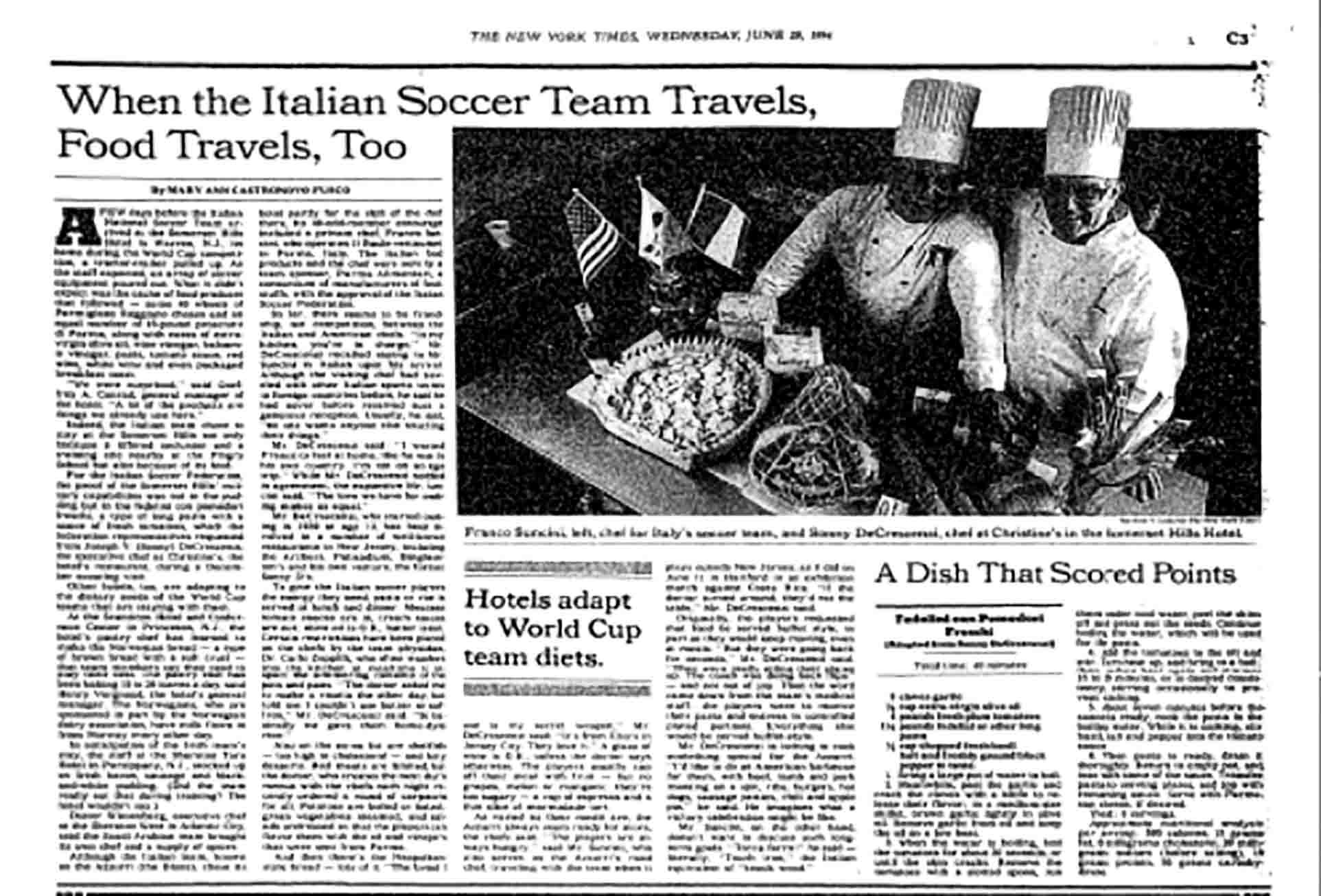 New York Times article from 1994: “When the Italian Soccer Team Travels, Food Travels, Too,” showing two chefs with a pasta dish.