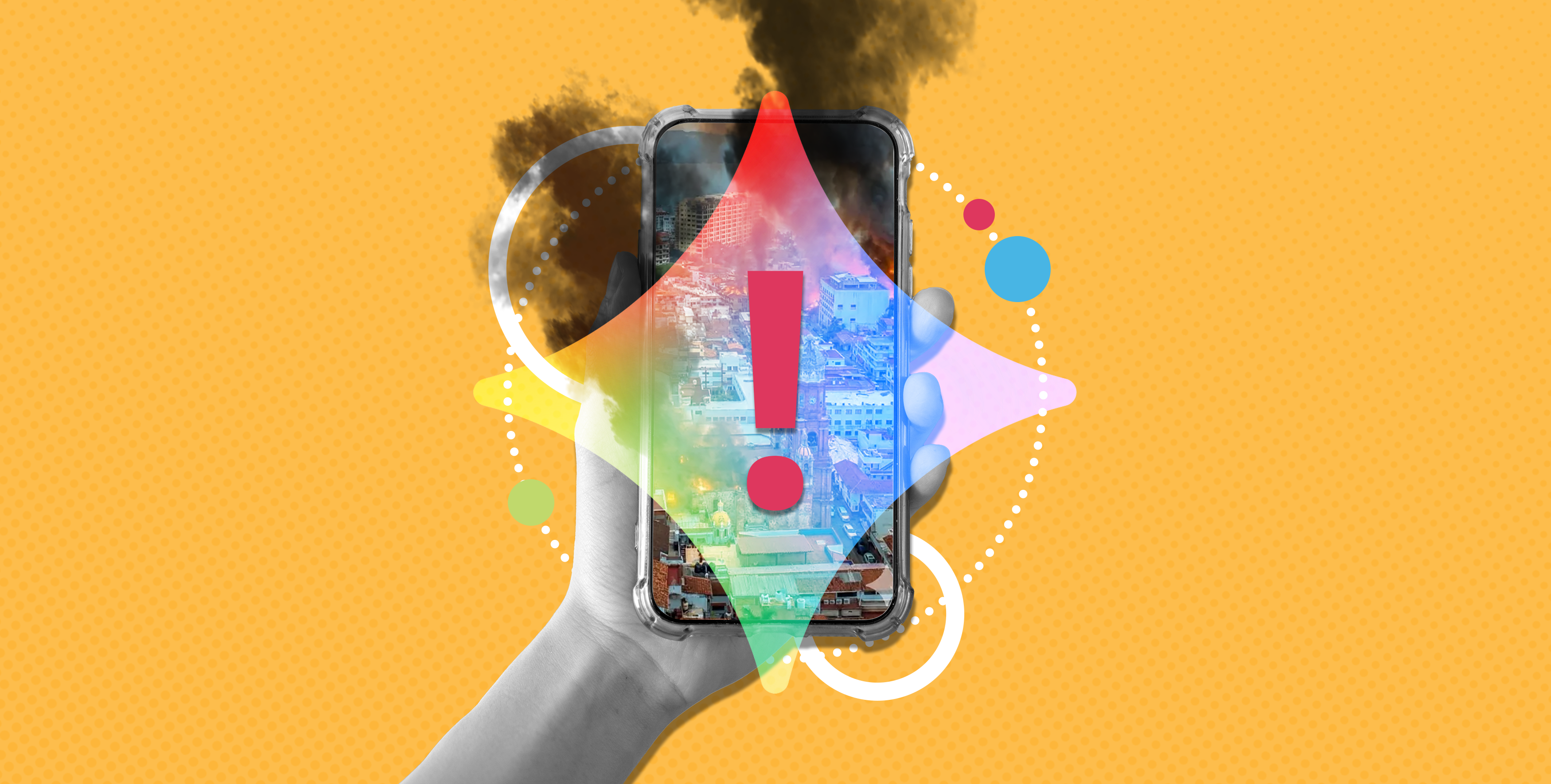  A hand holding a smartphone displaying an AI-generated photo of Puerto Vallarta in chaos, overlaid with a bold red warning symbol and colorful graphic elements, representing the spread of disinformation through social media. 
