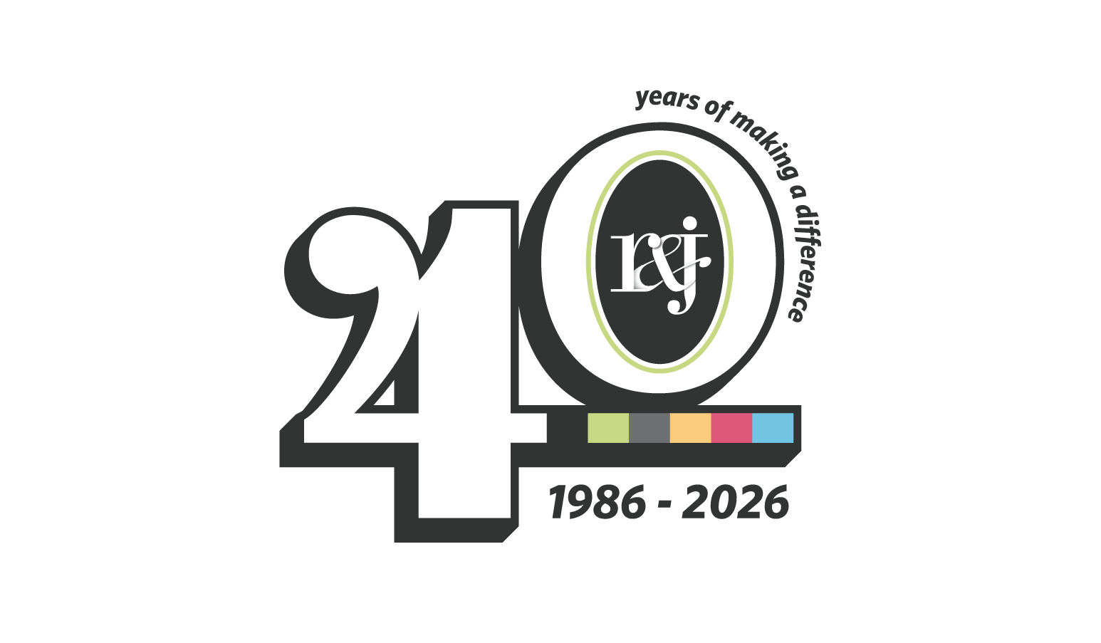 R&J 40th anniversary logo: 40 years of making a difference, 1986–2026, with five brand color bar.