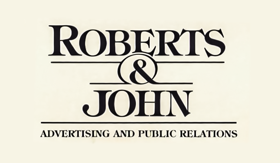 Roberts and John Advertising and Public Relations original 1988 logo in classic serif typography