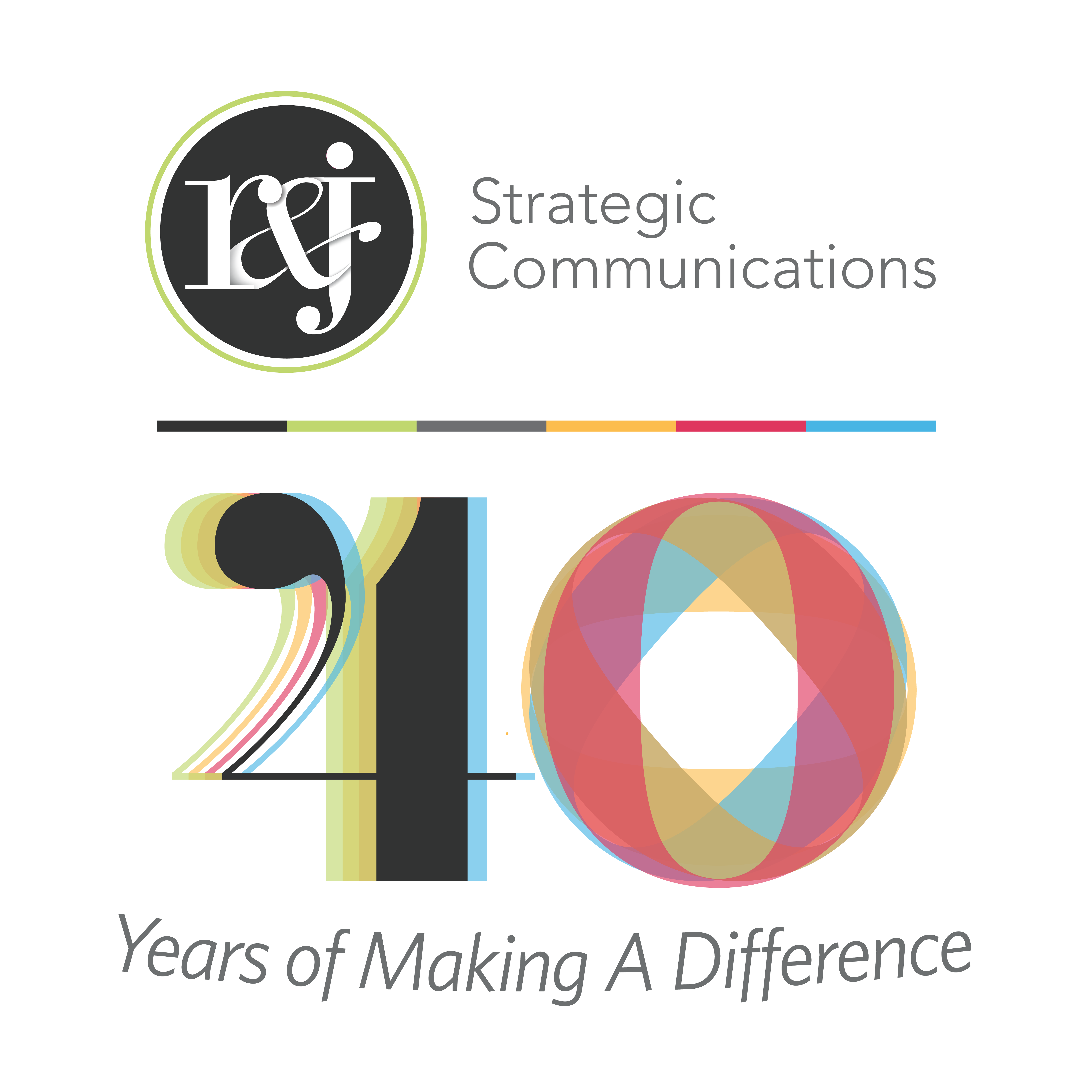 R&J Strategic Communications 40th anniversary logo with colorful layered numerals and tagline Years of Making A Difference